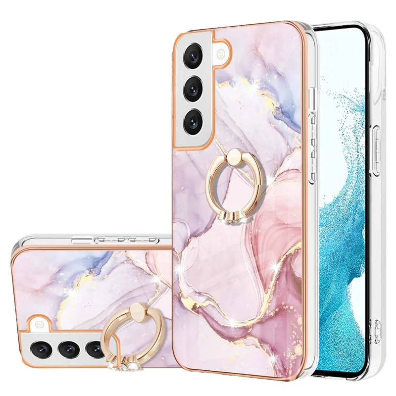 For Samsung Galaxy S23+ Case with Ring Kickstand Marble Pattern Electroplating TPU Back Cover - Rose Gold 005