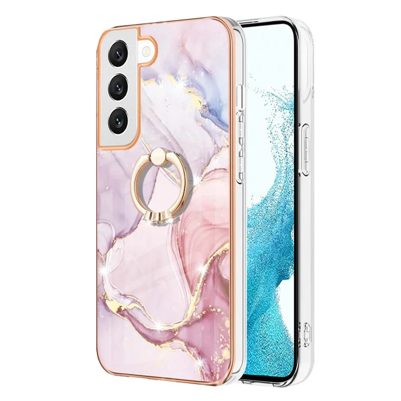 For Samsung Galaxy S23+ Case with Ring Kickstand Marble Pattern Electroplating TPU Back Cover - Rose Gold 005