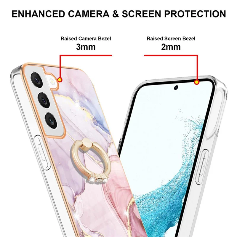 For Samsung Galaxy S23+ Case with Ring Kickstand Marble Pattern Electroplating TPU Back Cover - Rose Gold 005