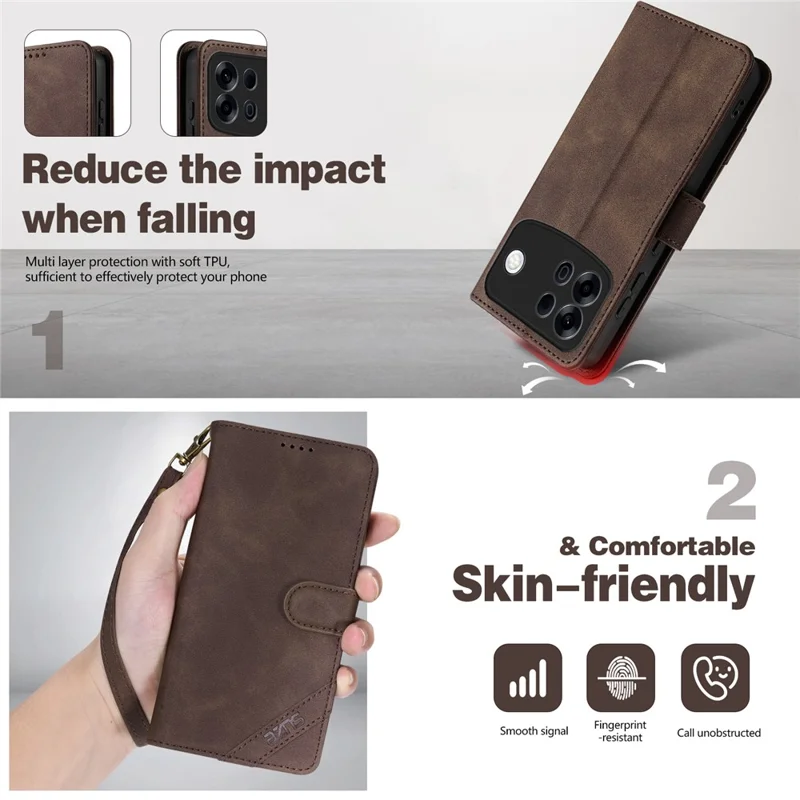 AZNS A2 for Oppo A7 Pro Max 5G Leather Case with Wrist Strap RFID Blocking Wallet Stand Phone Cover - Brown