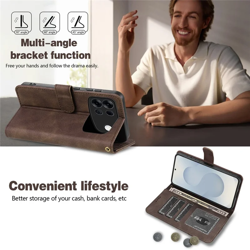 AZNS A2 for Oppo A7 Pro Max 5G Leather Case with Wrist Strap RFID Blocking Wallet Stand Phone Cover - Brown