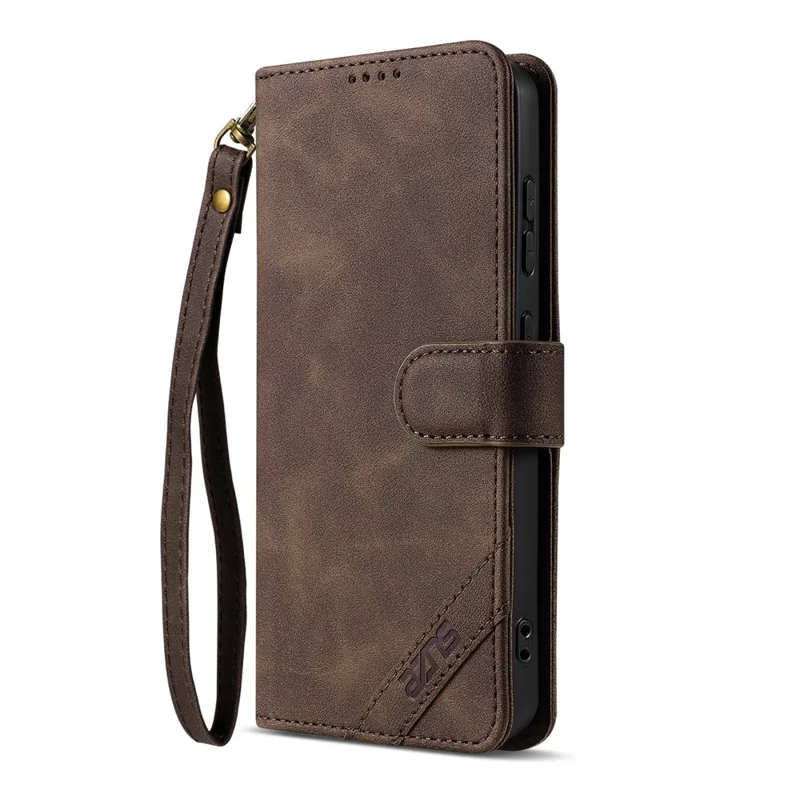 AZNS A2 for Oppo A7 Pro Max 5G Leather Case with Wrist Strap RFID Blocking Wallet Stand Phone Cover - Brown