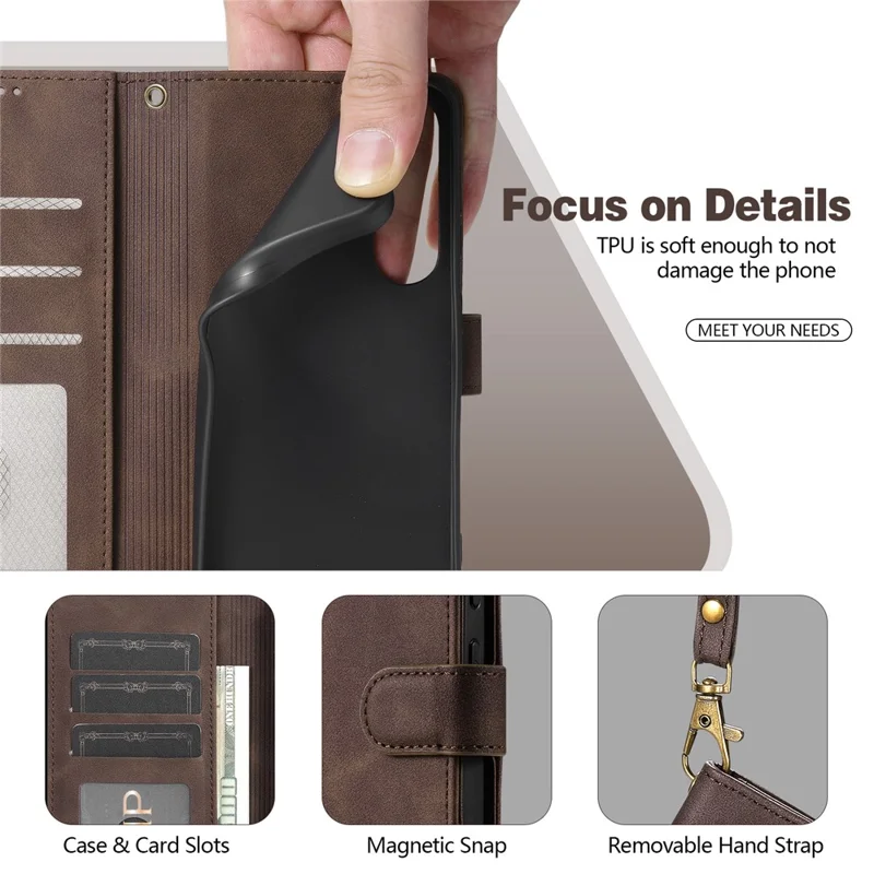 AZNS A2 for vivo X300 E 5G Leather Case with Wrist Strap RFID Blocking Wallet Stand Phone Cover - Brown