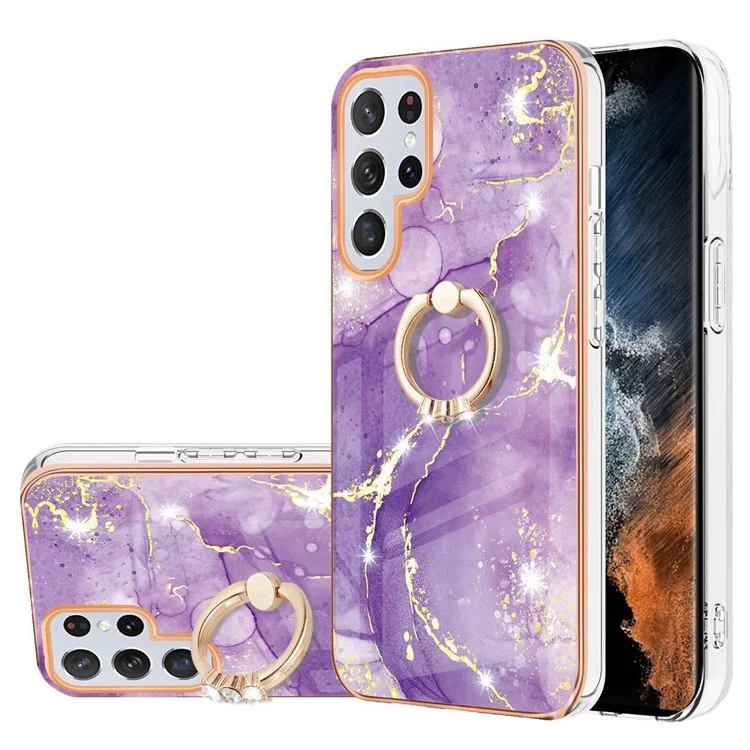 Para Samsung Galaxy S23 Ultra YB IMD Series-10 Ring Kickstand Phone Case IMD Marble Pattern Electroplating TPU Back Cover - Púrpura 002