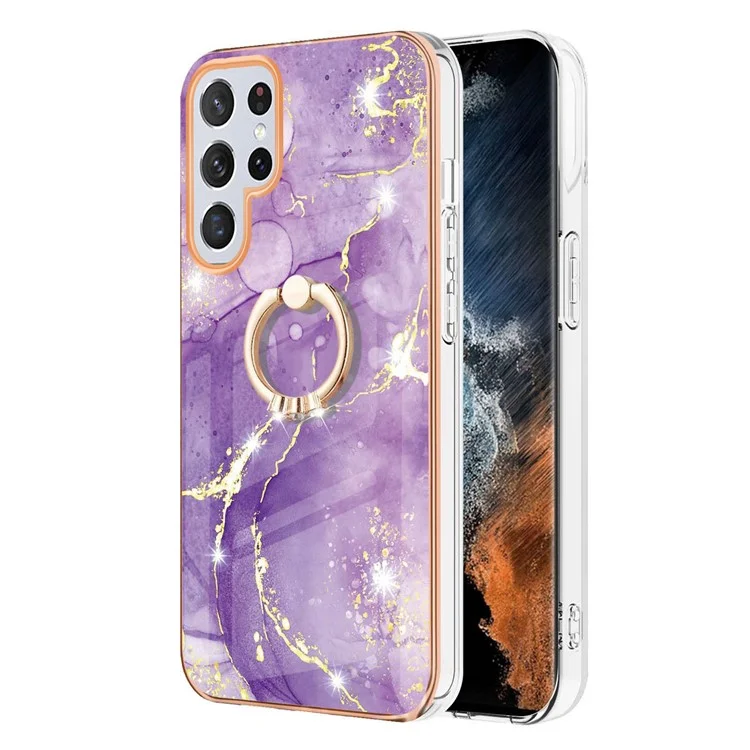 Para Samsung Galaxy S23 Ultra YB IMD Series-10 Ring Kickstand Phone Case IMD Marble Pattern Electroplating TPU Back Cover - Púrpura 002