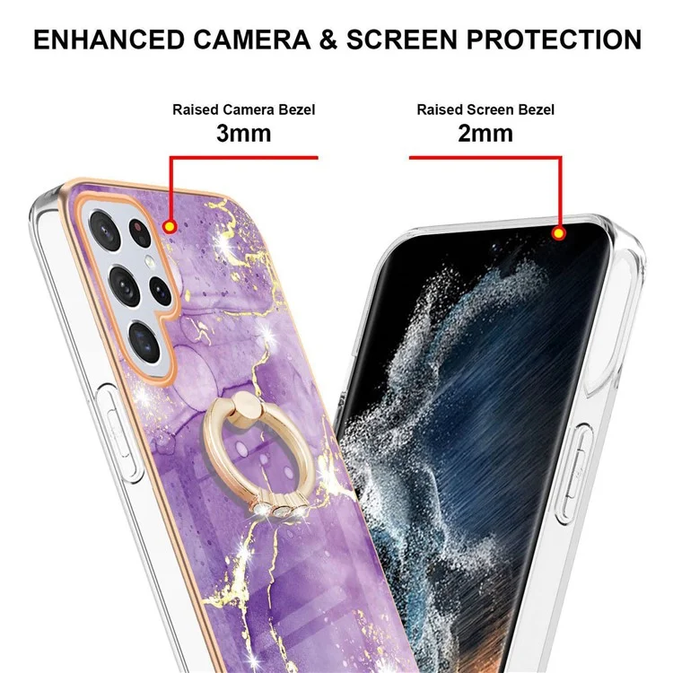 Para Samsung Galaxy S23 Ultra YB IMD Series-10 Ring Kickstand Phone Case IMD Marble Pattern Electroplating TPU Back Cover - Púrpura 002