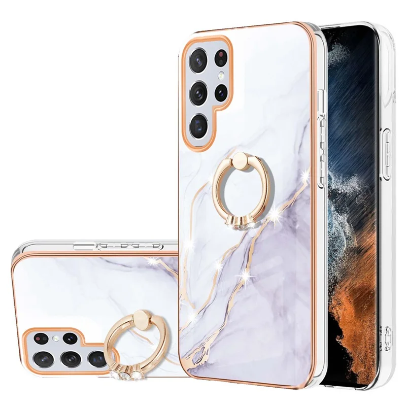 For Samsung Galaxy S23 Ultra Case with Ring Kickstand Marble Pattern Electroplating TPU Back Cover - White 006