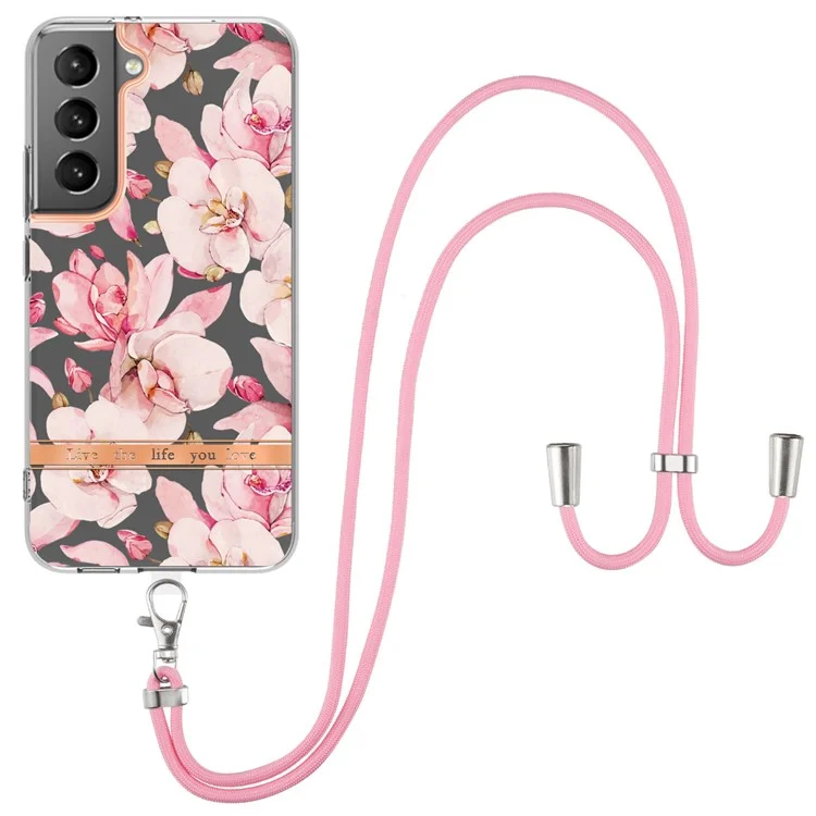 For Samsung Galaxy S23 Back Cover with Shoulder Strap Flower Pattern Electroplating TPU Case - HC005 Pink Gardenia
