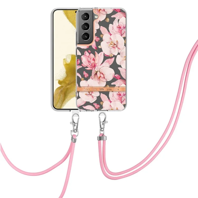 For Samsung Galaxy S23 Back Cover with Shoulder Strap Flower Pattern Electroplating TPU Case - HC005 Pink Gardenia