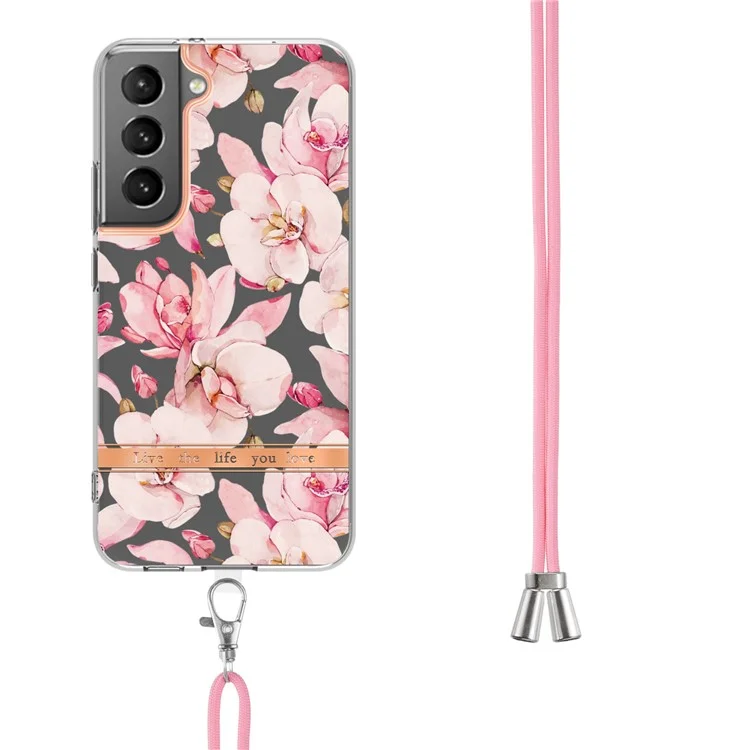 For Samsung Galaxy S23 Back Cover with Shoulder Strap Flower Pattern Electroplating TPU Case - HC005 Pink Gardenia