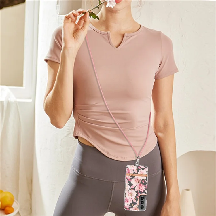 For Samsung Galaxy S23 Back Cover with Shoulder Strap Flower Pattern Electroplating TPU Case - HC005 Pink Gardenia