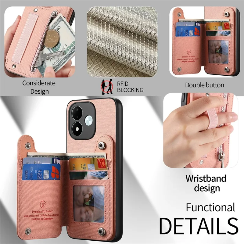 For Xiaomi Redmi Note 17 4G (Global) / Note 17 5G (Global) / Note 17 (India / China) 5G Case RFID Blocking Card Holder Jeans Cloth Texture Leather Back Cover with Elastic Wristband - Pink
