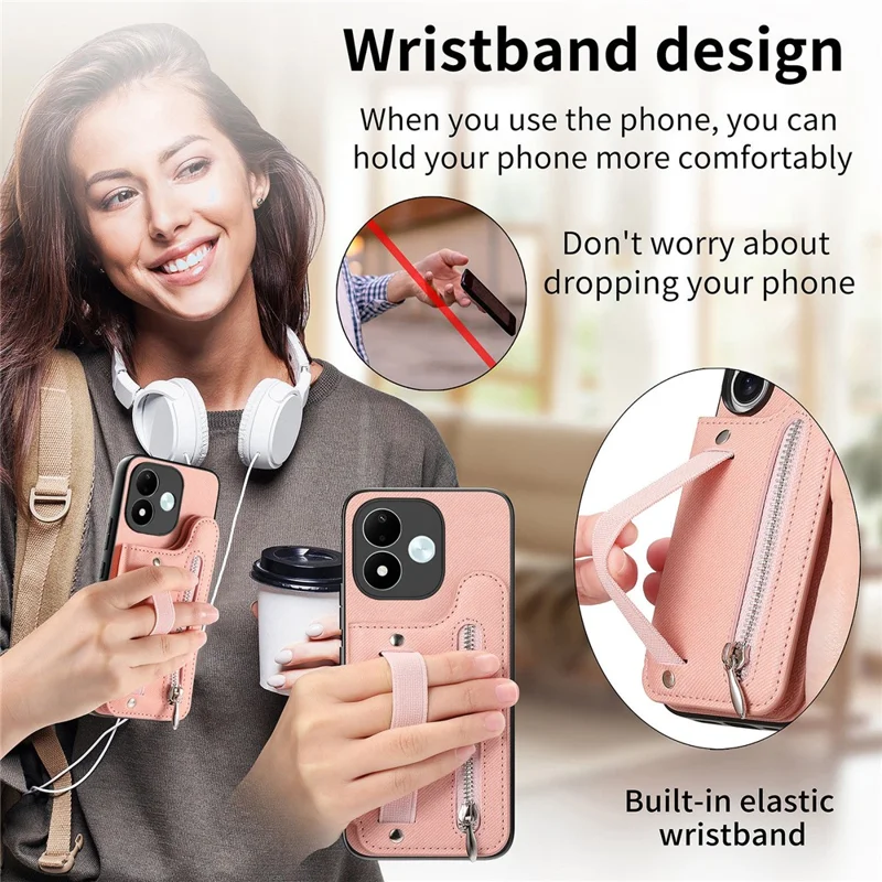 For Xiaomi Redmi Note 17 4G (Global) / Note 17 5G (Global) / Note 17 (India / China) 5G Case RFID Blocking Card Holder Jeans Cloth Texture Leather Back Cover with Elastic Wristband - Pink
