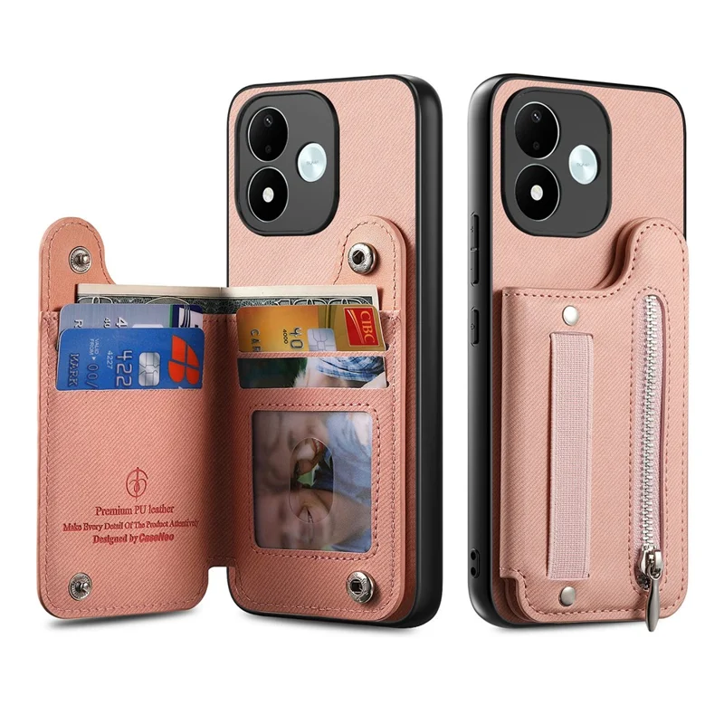 For Xiaomi Redmi Note 17 4G (Global) / Note 17 5G (Global) / Note 17 (India / China) 5G Case RFID Blocking Card Holder Jeans Cloth Texture Leather Back Cover with Elastic Wristband - Pink