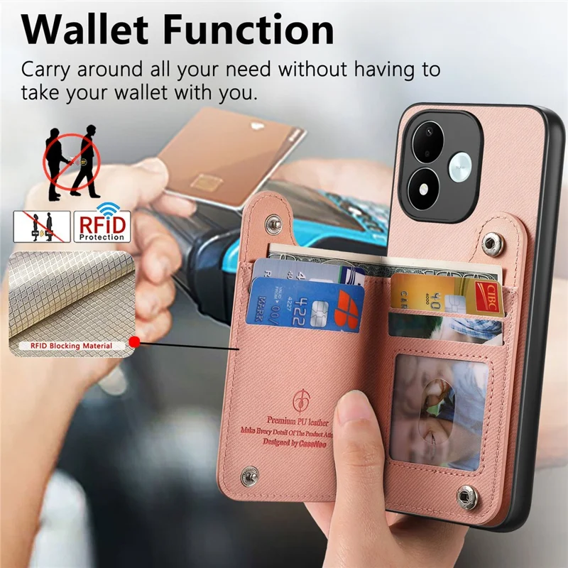 For Xiaomi Redmi Note 17 4G (Global) / Note 17 5G (Global) / Note 17 (India / China) 5G Case RFID Blocking Card Holder Jeans Cloth Texture Leather Back Cover with Elastic Wristband - Pink