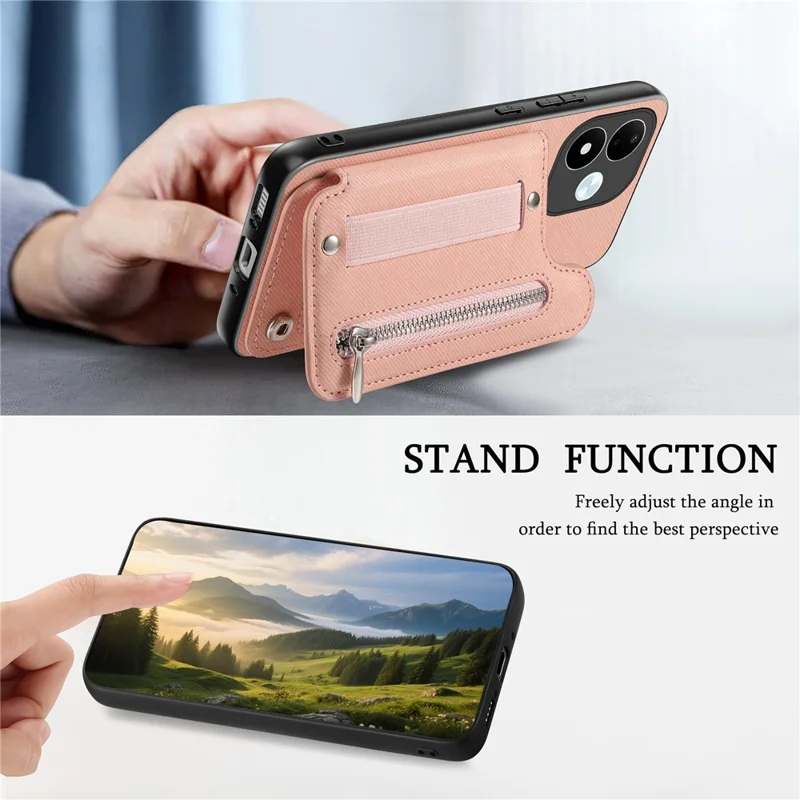 For Xiaomi Redmi Note 17 4G (Global) / Note 17 5G (Global) / Note 17 (India / China) 5G Case RFID Blocking Card Holder Jeans Cloth Texture Leather Back Cover with Elastic Wristband - Pink