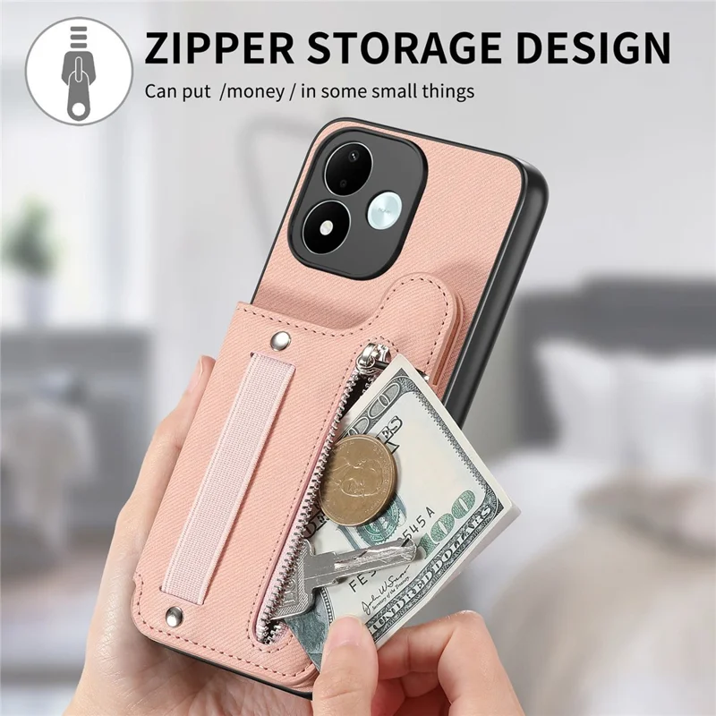 For Xiaomi Redmi Note 17 4G (Global) / Note 17 5G (Global) / Note 17 (India / China) 5G Case RFID Blocking Card Holder Jeans Cloth Texture Leather Back Cover with Elastic Wristband - Pink