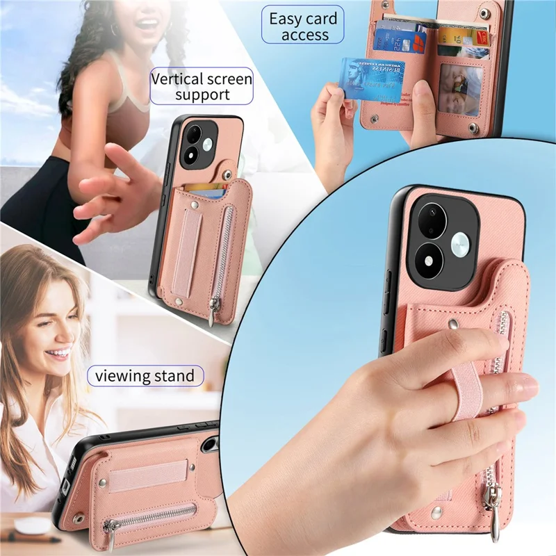For Xiaomi Redmi Note 17 4G (Global) / Note 17 5G (Global) / Note 17 (India / China) 5G Case RFID Blocking Card Holder Jeans Cloth Texture Leather Back Cover with Elastic Wristband - Pink