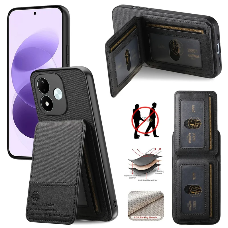For Xiaomi Redmi Note 17 4G Case Cloth Texture Leather + PC + TPU Phone Cover with RFID Blocking Card Holder - Black