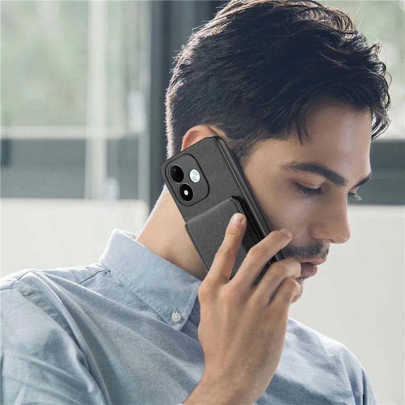 For Xiaomi Redmi Note 17 4G Case Cloth Texture Leather + PC + TPU Phone Cover with RFID Blocking Card Holder - Black