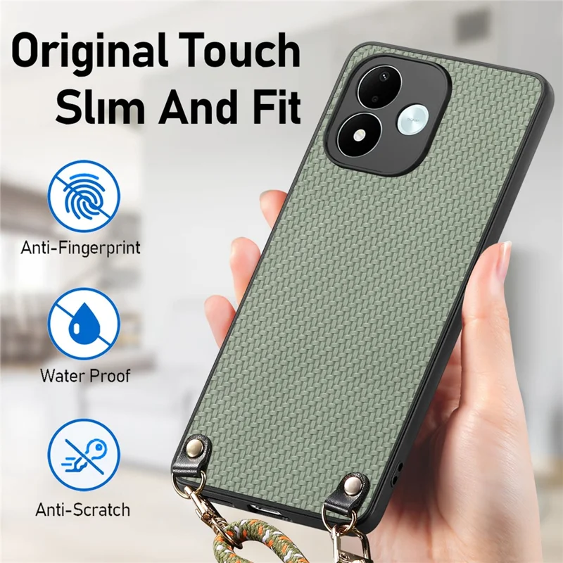 For Xiaomi Redmi Note 17 4G (Global) / Note 17 5G (Global) / Note 17 (India / China) 5G Case Carbon Fiber Texture Hybrid Phone Back Cover with Adjustable Strap - Green