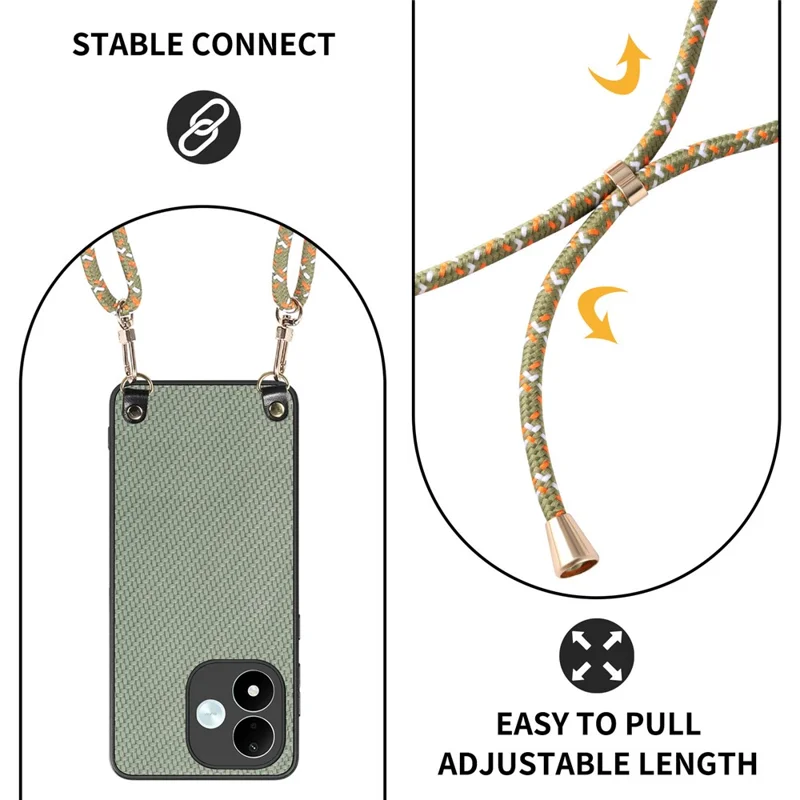 For Xiaomi Redmi Note 17 4G (Global) / Note 17 5G (Global) / Note 17 (India / China) 5G Case Carbon Fiber Texture Hybrid Phone Back Cover with Adjustable Strap - Green