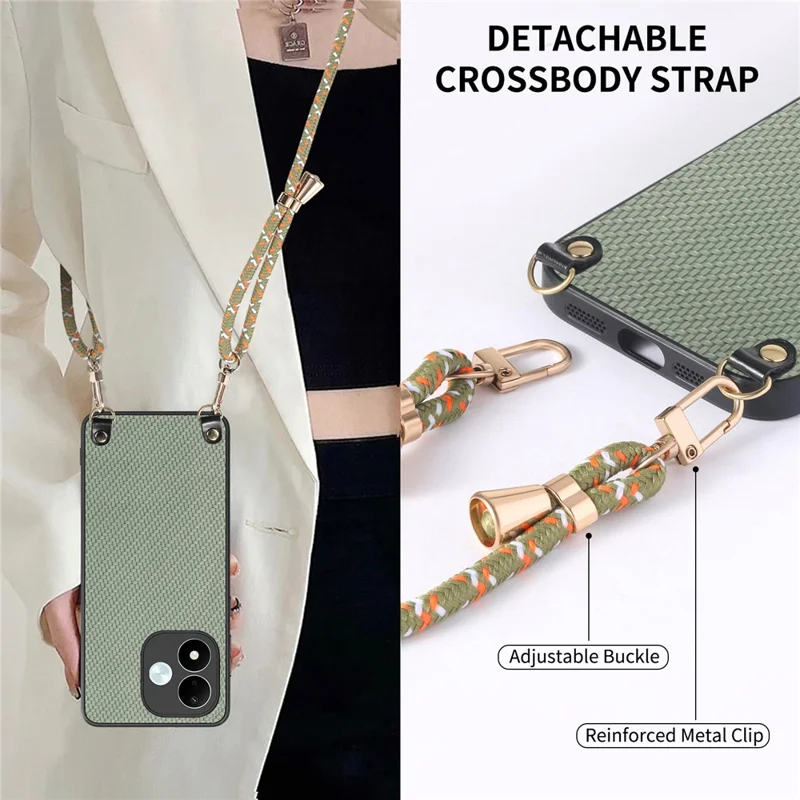 For Xiaomi Redmi Note 17 4G (Global) / Note 17 5G (Global) / Note 17 (India / China) 5G Case Carbon Fiber Texture Hybrid Phone Back Cover with Adjustable Strap - Green