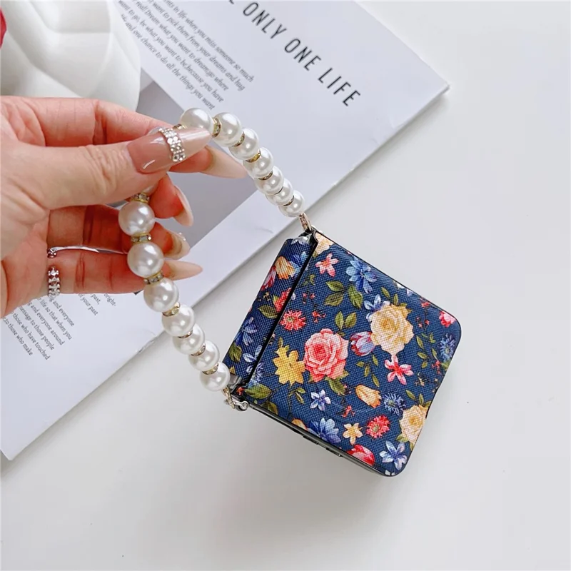 For Samsung Galaxy Z Flip8 Magnetic Case Floral Pattern PC + Fabric Protective Phone Cover with Pearl Beaded Strap - Blue