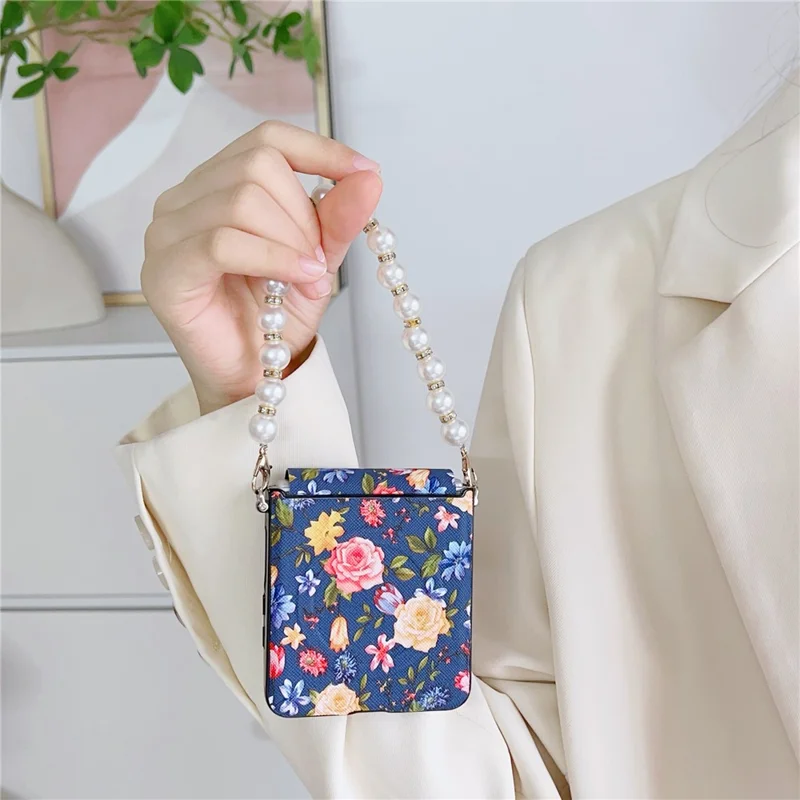 For Samsung Galaxy Z Flip8 Magnetic Case Floral Pattern PC + Fabric Protective Phone Cover with Pearl Beaded Strap - Blue