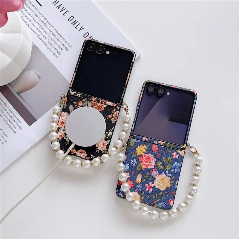 For Samsung Galaxy Z Flip8 Magnetic Case Floral Pattern PC + Fabric Protective Phone Cover with Pearl Beaded Strap - Blue