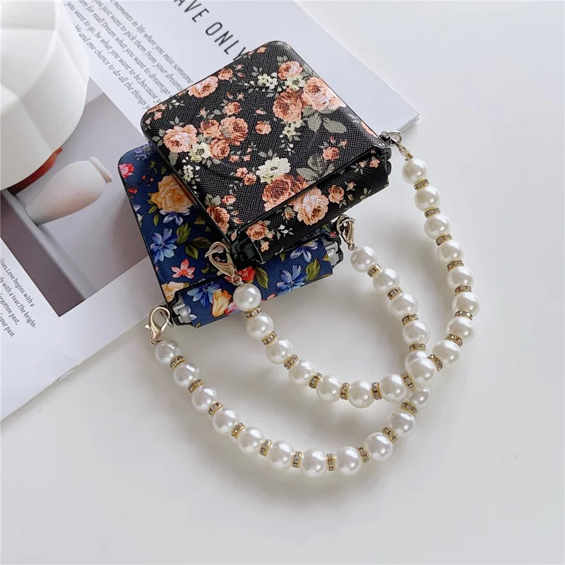 For Samsung Galaxy Z Flip8 Magnetic Case Floral Pattern PC + Fabric Protective Phone Cover with Pearl Beaded Strap - Blue