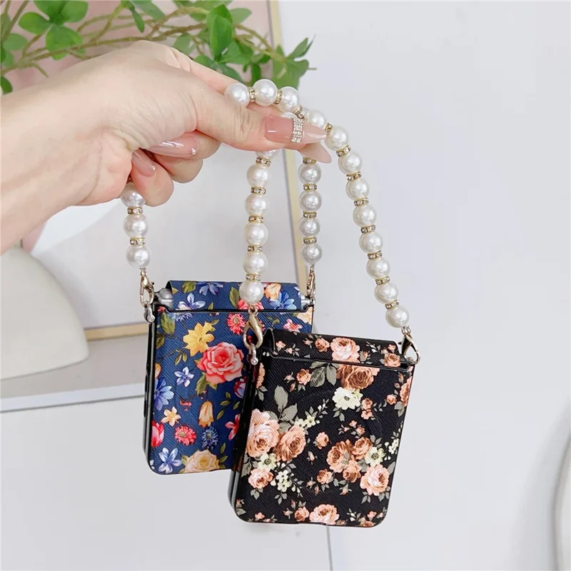 For Samsung Galaxy Z Flip8 Magnetic Case Floral Pattern PC + Fabric Protective Phone Cover with Pearl Beaded Strap - Blue