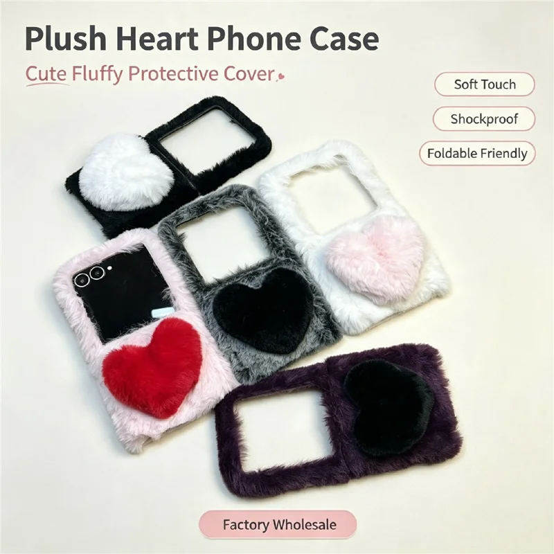 Phone For Samsung Galaxy Z Flip8 Case 3D Heart Plush Hard PC Fluffy Protective Cover - Dark Grey+Black