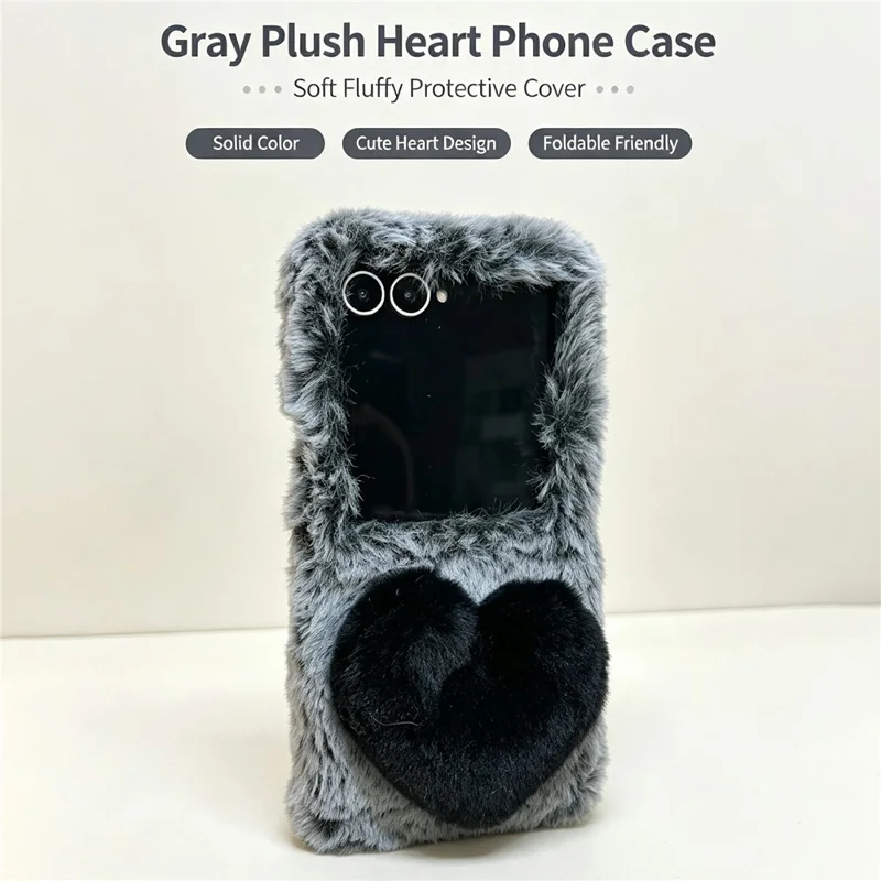 Phone For Samsung Galaxy Z Flip8 Case 3D Heart Plush Hard PC Fluffy Protective Cover - Dark Grey+Black