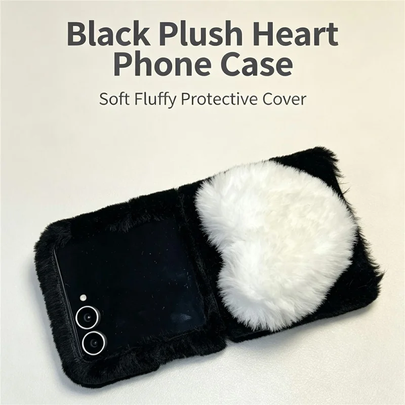 Phone For Samsung Galaxy Z Flip8 Case 3D Heart Plush Hard PC Fluffy Protective Cover - Dark Grey+Black