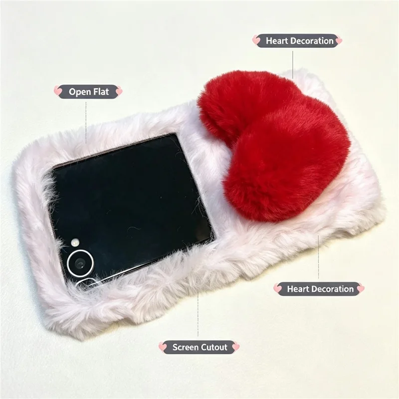 Phone For Samsung Galaxy Z Flip8 Case 3D Heart Plush Hard PC Fluffy Protective Cover - Dark Grey+Black
