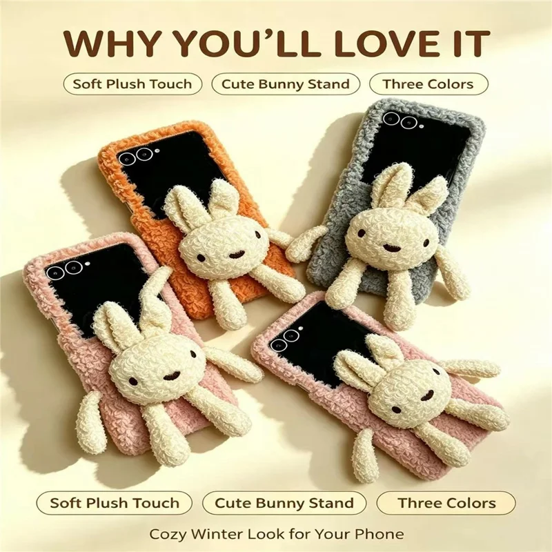 For Samsung Galaxy Z Flip8 Plush Bunny Phone Case Soft Fuzzy Fabric Foldable PC Phone Cover - Orange