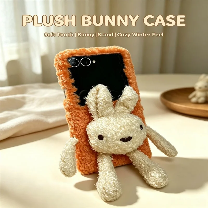 For Samsung Galaxy Z Flip8 Plush Bunny Phone Case Soft Fuzzy Fabric Foldable PC Phone Cover - Orange