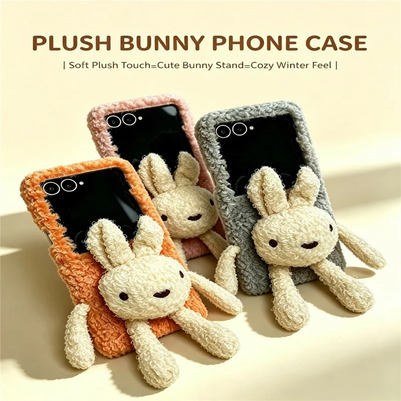 For Samsung Galaxy Z Flip8 Plush Bunny Phone Case Soft Fuzzy Fabric Foldable PC Phone Cover - Orange
