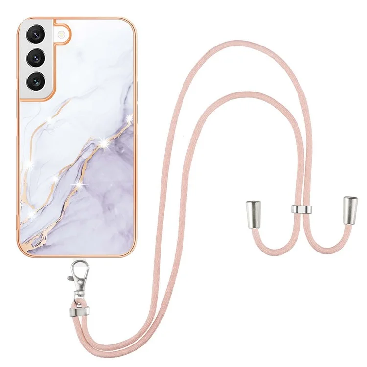 Pour Samsung Galaxy S23 YB IMD Series-9 Marbre Pattern Flexible TPU Anti-drop Phone Case Electroplating Frame IMD Back Cover with Lanyard - Blanc 006