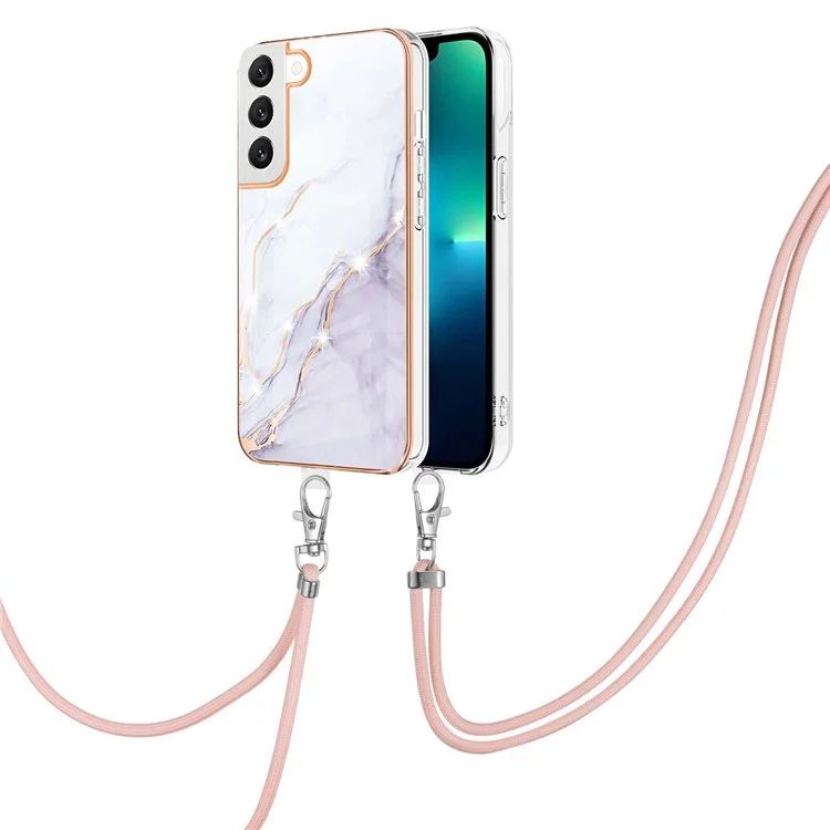Pour Samsung Galaxy S23 YB IMD Series-9 Marbre Pattern Flexible TPU Anti-drop Phone Case Electroplating Frame IMD Back Cover with Lanyard - Blanc 006