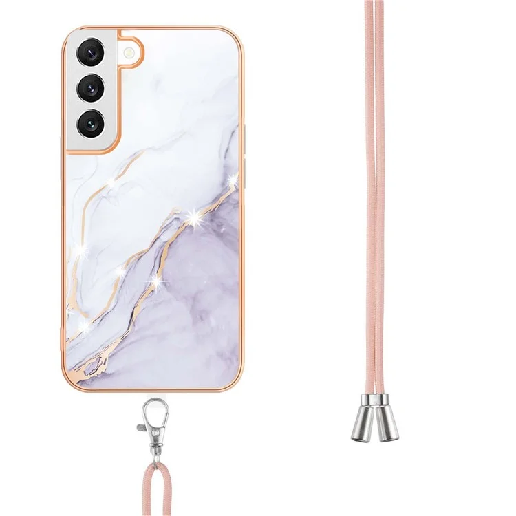 Pour Samsung Galaxy S23 YB IMD Series-9 Marbre Pattern Flexible TPU Anti-drop Phone Case Electroplating Frame IMD Back Cover with Lanyard - Blanc 006