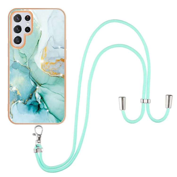For Samsung Galaxy S23 Ultra Case with Shoulder Strap IMD IML Flower Pattern TPU Back Cover - Green 003
