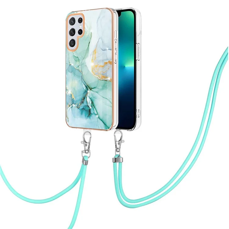 For Samsung Galaxy S23 Ultra Case with Shoulder Strap IMD IML Flower Pattern TPU Back Cover - Green 003