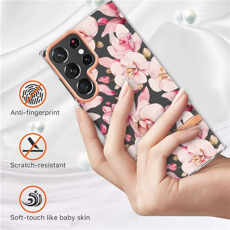 For Samsung Galaxy S23 Ultra Case IMD IML Flower Pattern Electroplated TPU Back Cover - HC005 Pink Gardenia