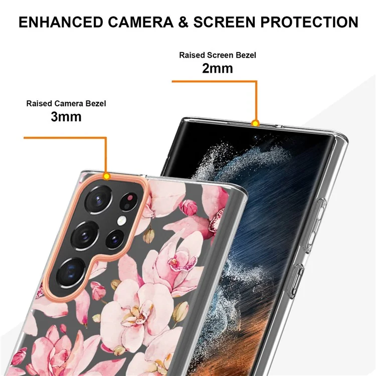 For Samsung Galaxy S23 Ultra Case IMD IML Flower Pattern Electroplated TPU Back Cover - HC005 Pink Gardenia