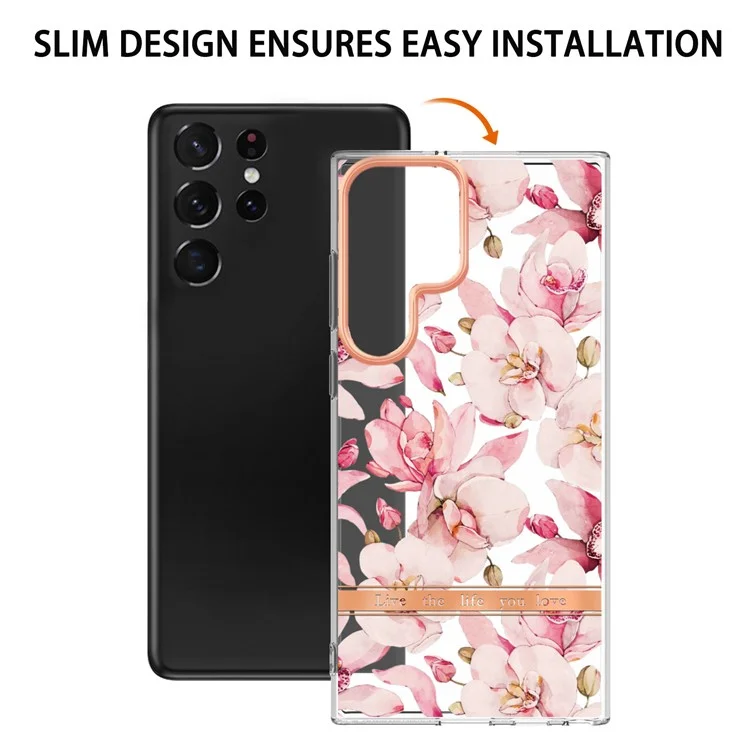 For Samsung Galaxy S23 Ultra Case IMD IML Flower Pattern Electroplated TPU Back Cover - HC005 Pink Gardenia