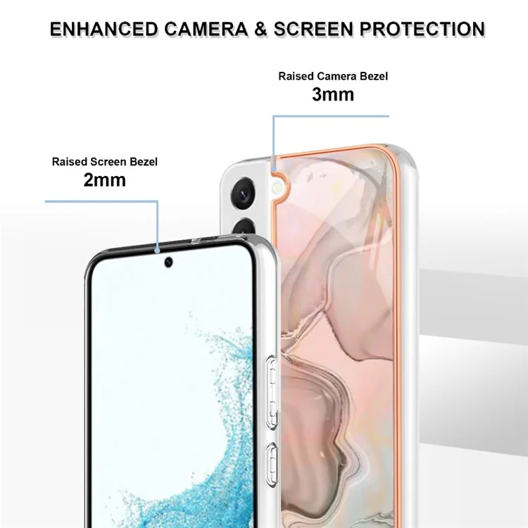 Para Samsung Galaxy S23 Protective Soft TPU Phone Case YB IMD Series-16 Style E 2.0mm Anti-Drop Electroplating Marble Pattern IMD Back Cover - Pink
