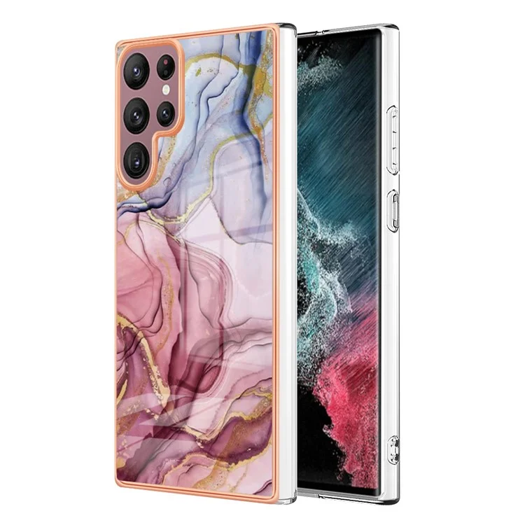 Para Samsung Galaxy S23 Ultra YB IMD Series-16 Style E Marble Pattern Electroplating Frame Phone Case 2.0mm IMD Flexible TPU Back Cover - Rose Gold