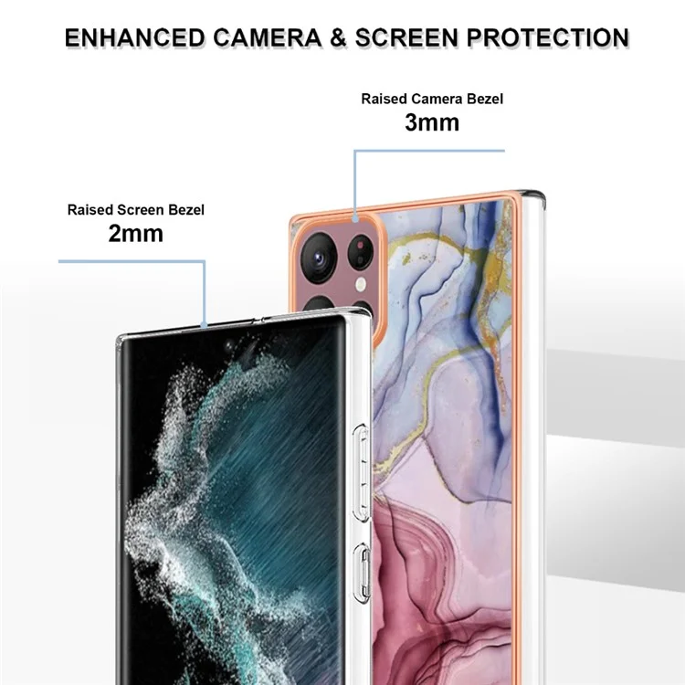 Para Samsung Galaxy S23 Ultra YB IMD Series-16 Style E Marble Pattern Electroplating Frame Phone Case 2.0mm IMD Flexible TPU Back Cover - Rose Gold